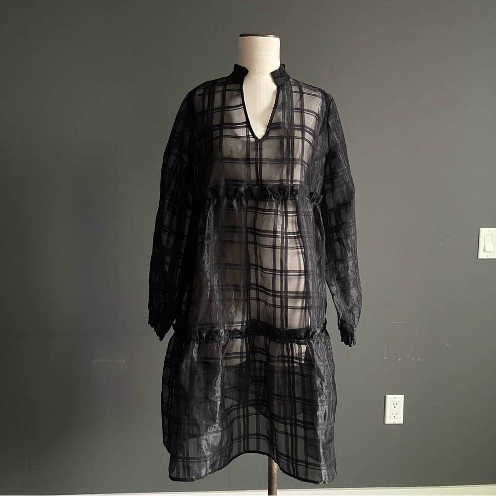 OBJECT Sheer Plaid Tiered Midi Dress Black Long Sleeve Art Deco Avant Garde
